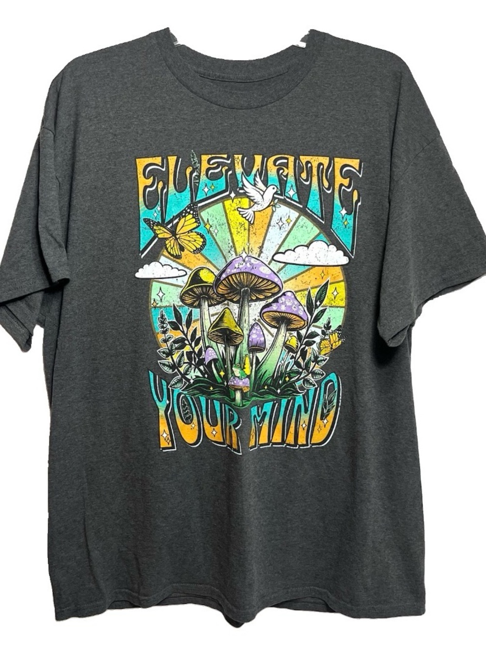 Elevate Your Mind Mushroom Graphic T Shirt XL Psychedelic Retro